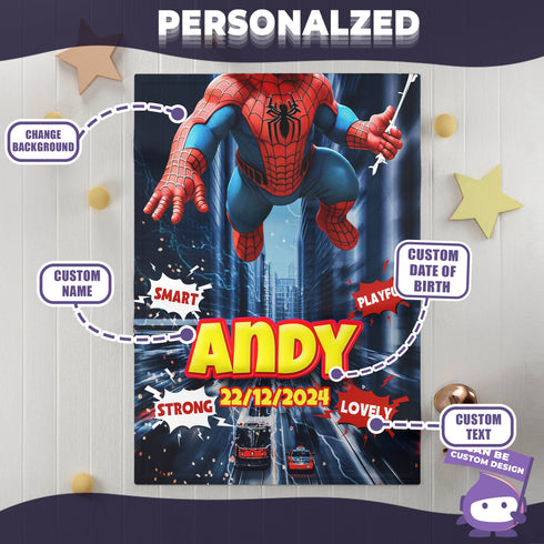 Personalized Spider Hero Baby Blanket – Custom Name & Birthdate – Superhero Baby Gift for Boys